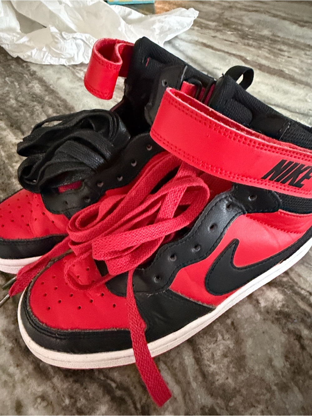 Nike Kids Red and Black High-Top Sneakers with Ankle Strap